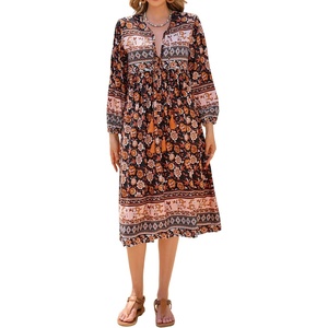 image:imageRVivimos Womens Long Sleeve Floral Print Retro V Neck Tassel Bohemian Midi DressesMultiblack