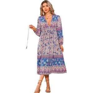 image:imageRVivimos Womens Long Sleeve Floral Print Retro V Neck Tassel Bohemian Midi DressesPurple
