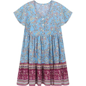image:imageRVivimos Womens Short Sleeve Floral Print V Neck Cotton Tunic DressDustyblue