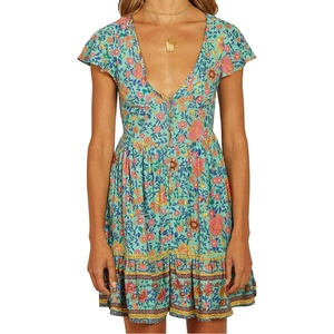 image:imageRVivimos Womens Short Sleeve Floral Print V Neck Cotton Tunic DressGreen