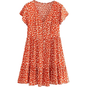image:imageRVivimos Womens Short Sleeve Floral Print V Neck Cotton Tunic DressOrange