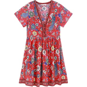 image:imageRVivimos Womens Short Sleeve Floral Print V Neck Cotton Tunic DressRed