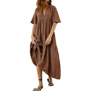 image:imageRVivimos Womens Summer Cotton Flowy Maxi Dress Short Sleeve V Neck Empire Waist Boho Tiered Ruffle Casual Loose Long DressesBrown
