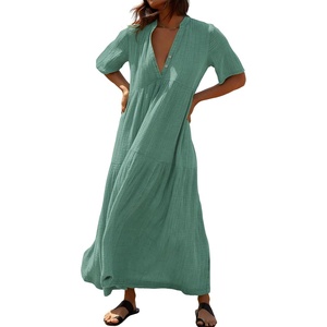image:imageRVivimos Womens Summer Cotton Flowy Maxi Dress Short Sleeve V Neck Empire Waist Boho Tiered Ruffle Casual Loose Long DressesGreen