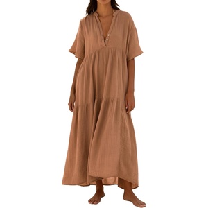 image:imageRVivimos Womens Summer Cotton Flowy Maxi Dress Short Sleeve V Neck Empire Waist Boho Tiered Ruffle Casual Loose Long DressesLight Brown