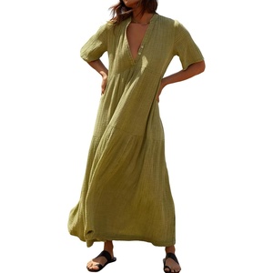 image:imageRVivimos Womens Summer Cotton Flowy Maxi Dress Short Sleeve V Neck Empire Waist Boho Tiered Ruffle Casual Loose Long DressesOlive Green