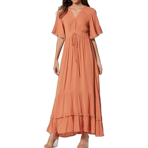 image:imageRVivimos Womens Summer Cotton Short Sleeve V Neck Floral Print Casual Bohemian Midi DressesOrange