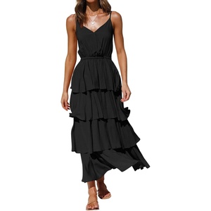 image:imageRVivimos Womens Summer Cotton Spaghetti Straps VNeck Layered Ruffle Hem Boho Swing Midi DressBlack