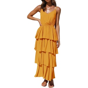 image:imageRVivimos Womens Summer Cotton Spaghetti Straps VNeck Layered Ruffle Hem Boho Swing Midi DressYellow