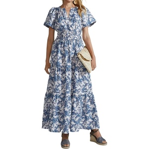 image:imageRVivimos Womens Summer Cotton V Neck Short Sleeve Boho Floral Print Elastic Smocked Waist ALine Midi Dress with PocketsLightbluefloral