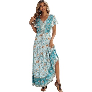 image:imageRVivimos Womens Summer Floral Print Cotton Short Sleeve Flowy DressLightgreen