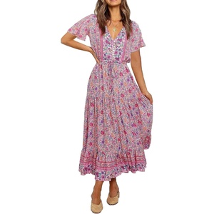 image:imageRVivimos Womens Summer Floral Print Cotton Short Sleeve Flowy DressPink
