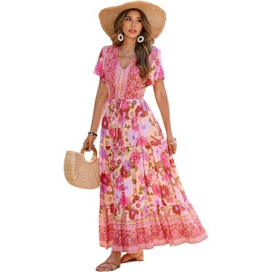 image:imageRVivimos Womens Summer Floral Print Cotton Short Sleeve Flowy DressPink Red