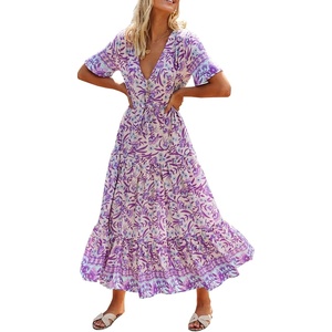 image:imageRVivimos Womens Summer Floral Print Cotton Short Sleeve Flowy DressPurple