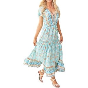 image:imageRVivimos Womens Summer Floral Print Cotton Short Sleeve Flowy DressSkyblue