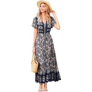 image:imageRVivimos Womens Summer Floral Print Cotton Short Sleeve Flowy DressSmoke Black