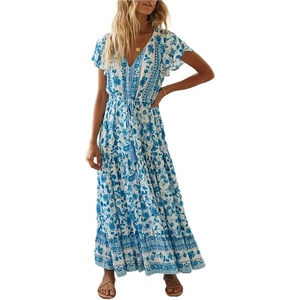 image:imageRVivimos Womens Summer Floral Print Cotton Short Sleeve Flowy DressWhiteskyblue