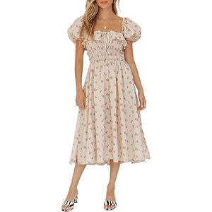 image:imageRVivimos Womens Summer Floral Print Puff Sleeves Vintage Ruffles Midi DressBeige