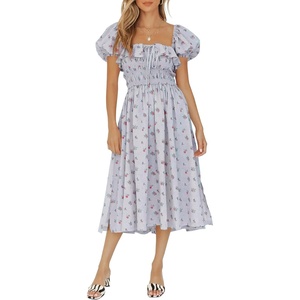image:imageRVivimos Womens Summer Floral Print Puff Sleeves Vintage Ruffles Midi DressGray