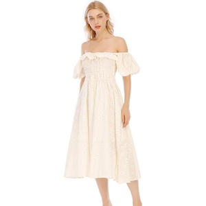 image:imageRVivimos Womens Summer Floral Print Puff Sleeves Vintage Ruffles Midi DressLightyellow