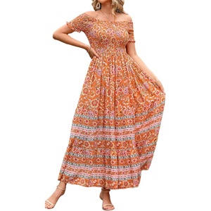 image:imageRVivimos Womens Summer Maxi OffShoulder Dresses Short Sleeve Empire Waist Boho Floral Print Casual Smocked Flowy DressesOrange