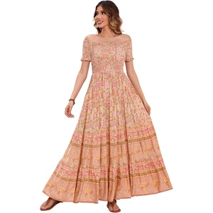 image:imageRVivimos Womens Summer Maxi OffShoulder Dresses Short Sleeve Empire Waist Boho Floral Print Casual Smocked Flowy DressesTan