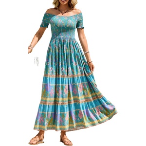 image:imageRVivimos Womens Summer Maxi OffShoulder Dresses Short Sleeve Empire Waist Boho Floral Print Casual Smocked Flowy DressesTeal