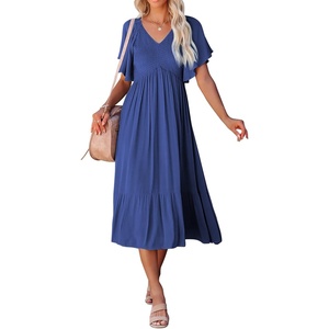 image:imageRVivimos Womens Summer Smocked Short Sleeve V Neck Casual Ruffle Patchwork Flowy Midi DressRoyalblue
