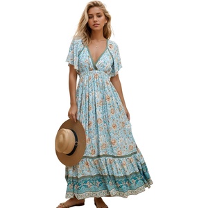 image:imageRVivimos Womens Summer V Neck Maxi Dress Boho Floral Print Short Sleeve Elastic Waist Ruffle Patchwork ALine Beach DressBlueturquoise