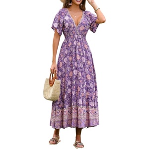 image:imageRVivimos Womens Summer V Neck Maxi Dress Boho Floral Print Short Sleeve Elastic Waist Ruffle Patchwork ALine Beach DressDark Purple