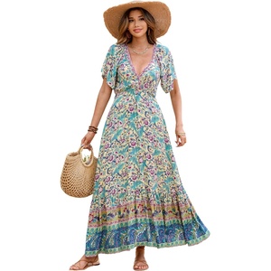 image:imageRVivimos Womens Summer V Neck Maxi Dress Boho Floral Print Short Sleeve Elastic Waist Ruffle Patchwork ALine Beach DressGreen