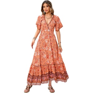 image:imageRVivimos Womens Summer V Neck Maxi Dress Boho Floral Print Short Sleeve Elastic Waist Ruffle Patchwork ALine Beach DressOrange