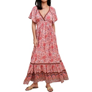 image:imageRVivimos Womens Summer V Neck Maxi Dress Boho Floral Print Short Sleeve Elastic Waist Ruffle Patchwork ALine Beach DressPink