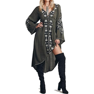 image:imageRVivimos Womens V Neck Bell Sleeve Vintage Floral Embroidered High Low Long DressesArmy Green