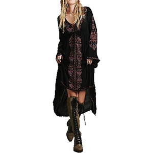 image:imageRVivimos Womens V Neck Bell Sleeve Vintage Floral Embroidered High Low Long DressesBlack