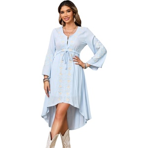 image:imageRVivimos Womens V Neck Bell Sleeve Vintage Floral Embroidered High Low Long DressesSky Blue