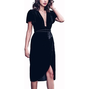 image:imageRVivimos Womens Velvet Elegant Deep V Neck Short Sleeve High Low Midi DressesBlack