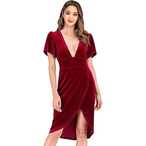 image:imageRVivimos Womens Velvet Elegant Deep V Neck Short Sleeve High Low Midi DressesWine Red