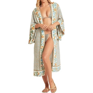 image:imageRVivimos Womens Vintage Floral Print Beach Boho Cardigan Kimono Maxi Swimwear Cover up Dress WrapBeige