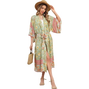 image:imageRVivimos Womens Vintage Floral Print Beach Boho Cardigan Kimono Maxi Swimwear Cover up Dress WrapLightgreen2