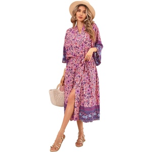 image:imageRVivimos Womens Vintage Floral Print Beach Boho Cardigan Kimono Maxi Swimwear Cover up Dress WrapPink2