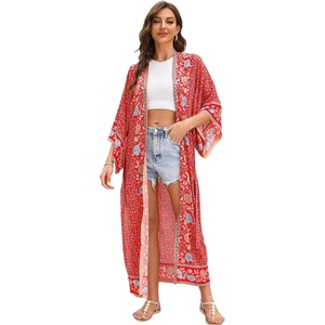 image:imageRVivimos Womens Vintage Floral Print Beach Boho Cardigan Kimono Maxi Swimwear Cover up Dress WrapRed3