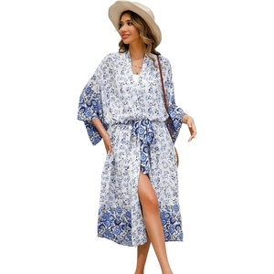 image:imageRVivimos Womens Vintage Floral Print Beach Boho Cardigan Kimono Maxi Swimwear Cover up Dress WrapWhiteblue