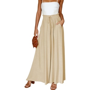 image:imageRVivimos Womens Wide Leg Lounge Pants Elastic High Waisted Drawstring Tie Casual Flowy Palazzo Pants Trousers with PocketsBeige