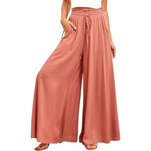 image:imageRVivimos Womens Wide Leg Lounge Pants Elastic High Waisted Drawstring Tie Casual Flowy Palazzo Pants Trousers with PocketsOrange