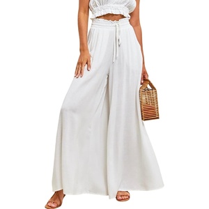 image:imageRVivimos Womens Wide Leg Lounge Pants Elastic High Waisted Drawstring Tie Casual Flowy Palazzo Pants Trousers with PocketsWhite