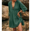 image:imageRVivimos Cotton Casual Dresses for Women Long Sleeve V Neck Tiered Flowy Mini Tunic DressDark Green