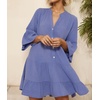 image:imageRVivimos Cotton Dresses for Women Summer V Neck 34 Flare Sleeve Button Front Casual Loose Tiered Mini DressBlue Violet