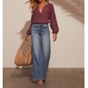 image:imageRVivimos Fall Summer Tops for Women Long Sleeve Button Up Henley V Neck Casual Loose Dressy BlousesPlum