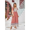 image:imageRVivimos One Piece Jumpsuits for Women Summer Boho Floral Print Short Sleeve V Neck Drawstring Waist Wide Leg Long RompersAurorared
